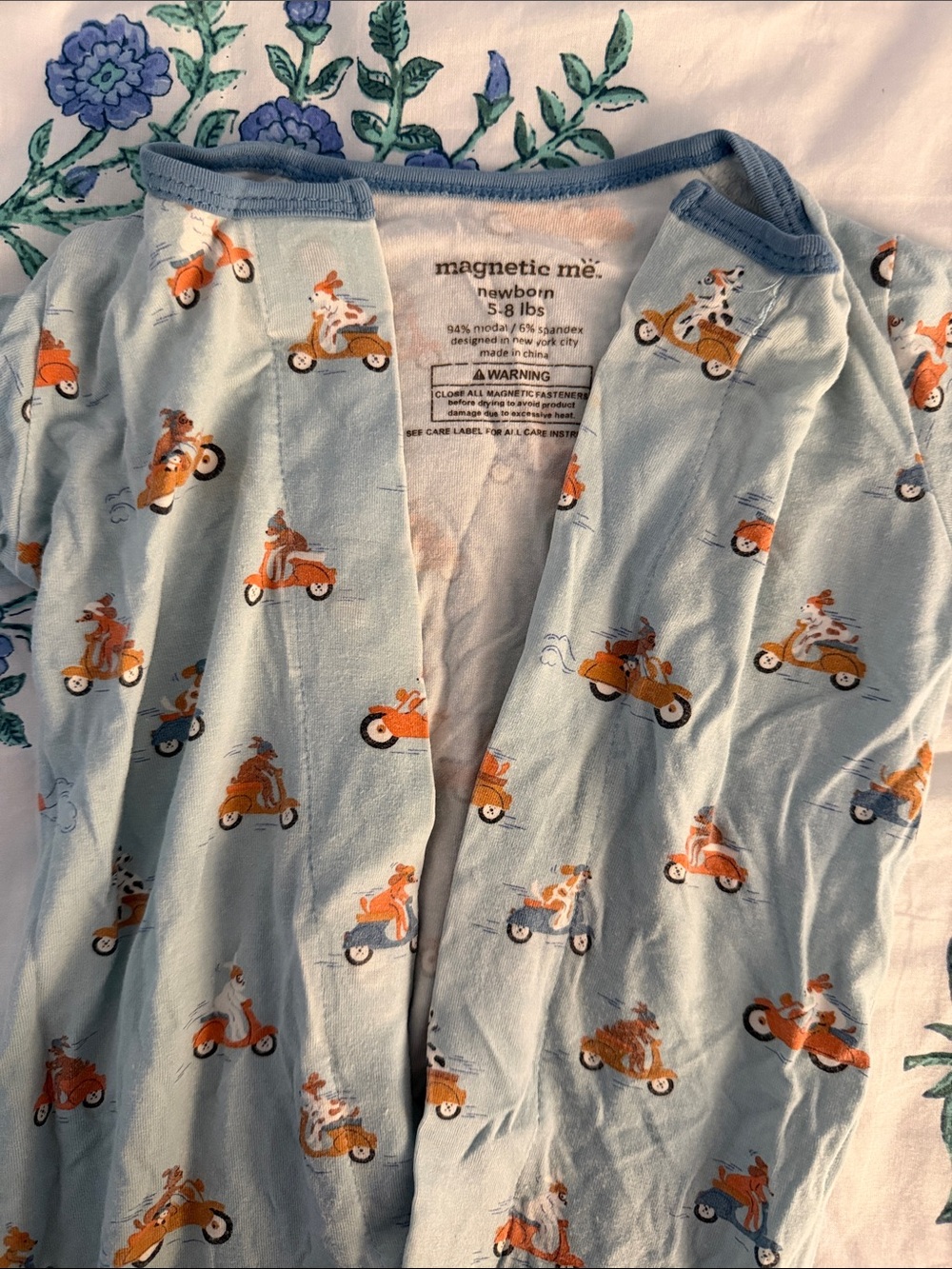 Magnetic Me Light Blue Pajama Footie with Orange Scooter Dog Print